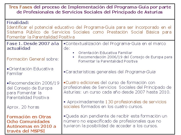 Tres Fases del proceso de Implementación del Programa-Guía por parte de Profesionales de Servicios