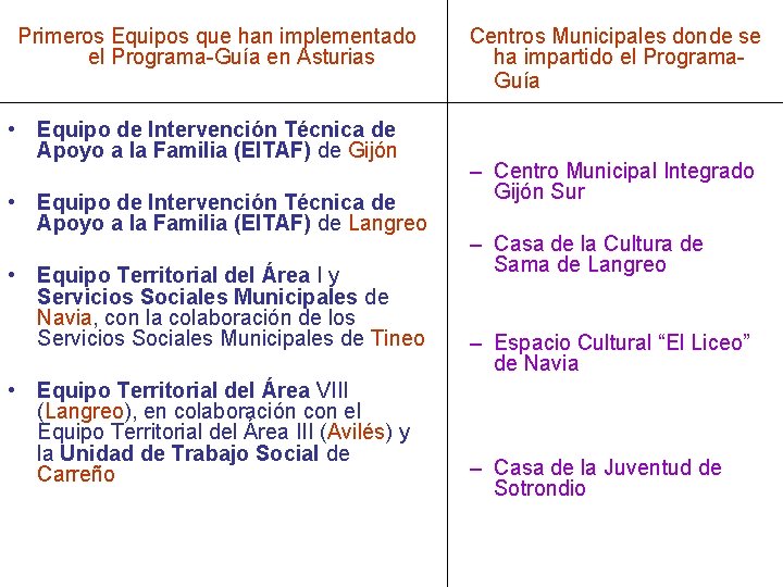Primeros Equipos que han implementado el Programa-Guía en Asturias • Equipo de Intervención Técnica