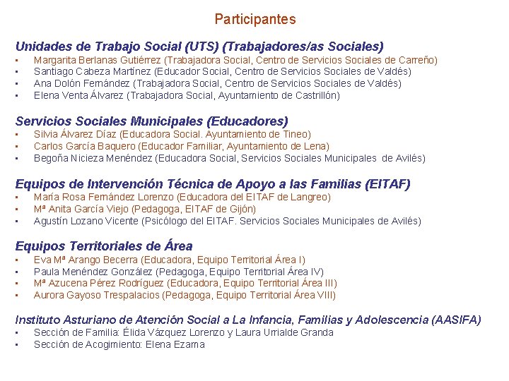 Participantes Unidades de Trabajo Social (UTS) (Trabajadores/as Sociales) • • Margarita Berlanas Gutiérrez (Trabajadora