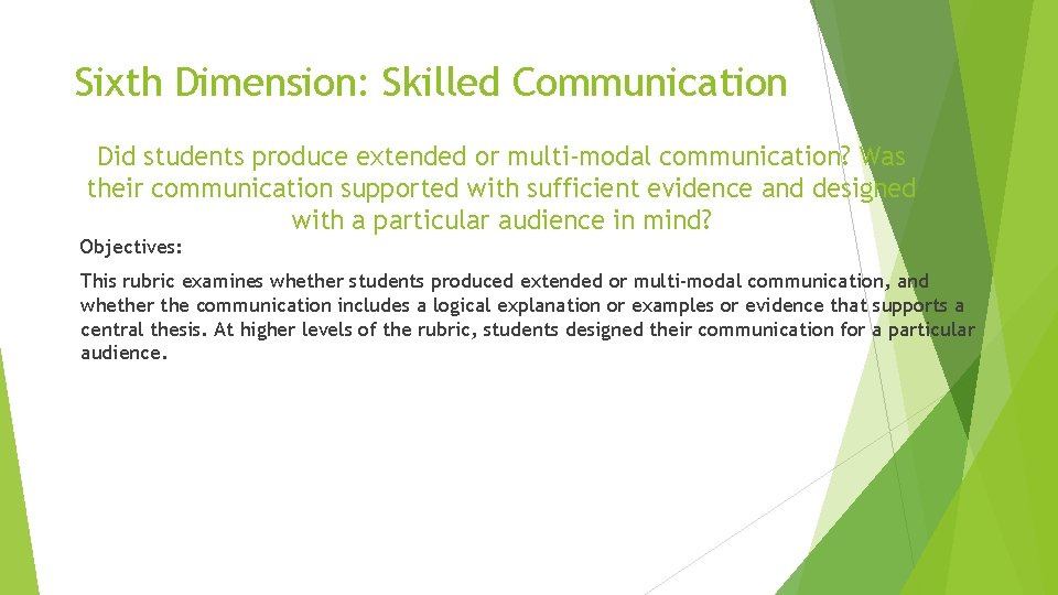 Sixth Dimension: Skilled Communication Did students produce extended or multi-modal communication? Was their communication