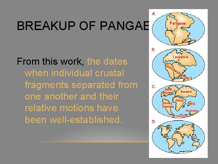 BREAKUP OF PANGAEA From this work, the dates when individual crustal fragments separated from