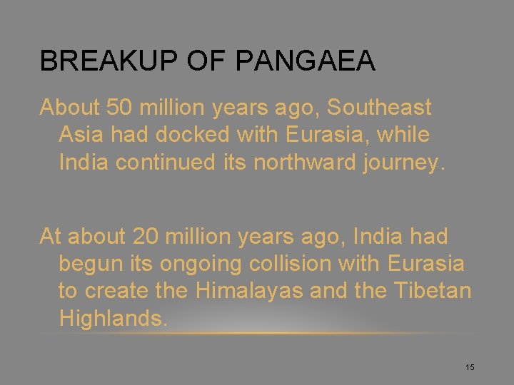 BREAKUP OF PANGAEA About 50 million years ago, Southeast Asia had docked with Eurasia,