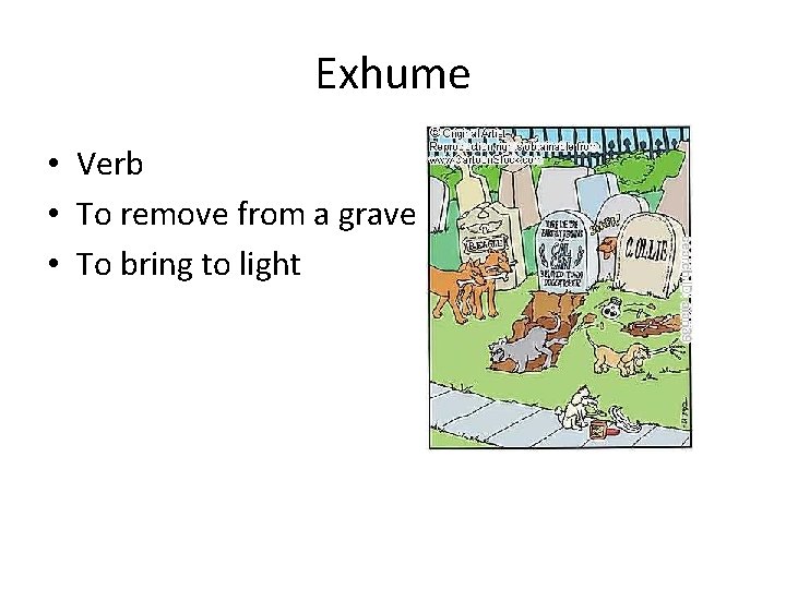 Exhume • Verb • To remove from a grave • To bring to light