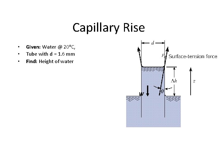 Capillary Rise • • • Given: Water @ 20 o. C, Tube with d