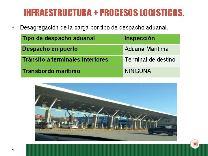 INFRAESTRUCTURA + PROCESOS LOGISTICOS. • Desagregación de la carga por tipo de despacho aduanal.