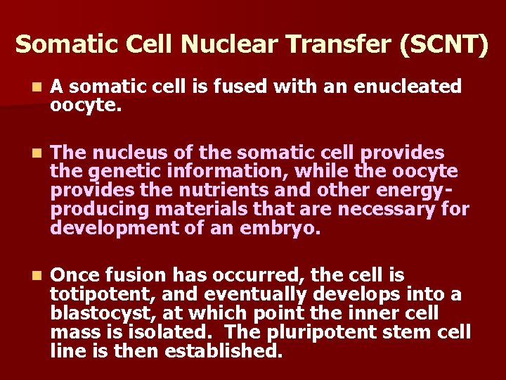 Somatic Cell Nuclear Transfer (SCNT) n A somatic cell is fused with an enucleated