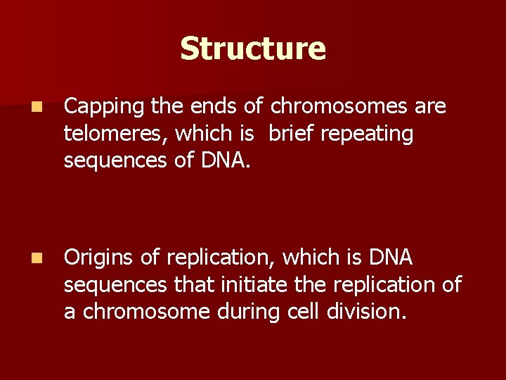Structure n Capping the ends of chromosomes are telomeres, which is brief repeating sequences
