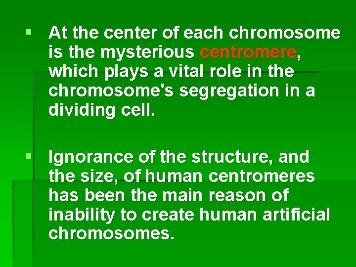 § At the center of each chromosome is the mysterious centromere, which plays a