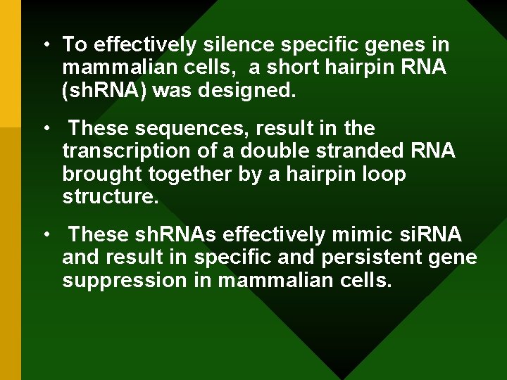  • To effectively silence specific genes in mammalian cells, a short hairpin RNA