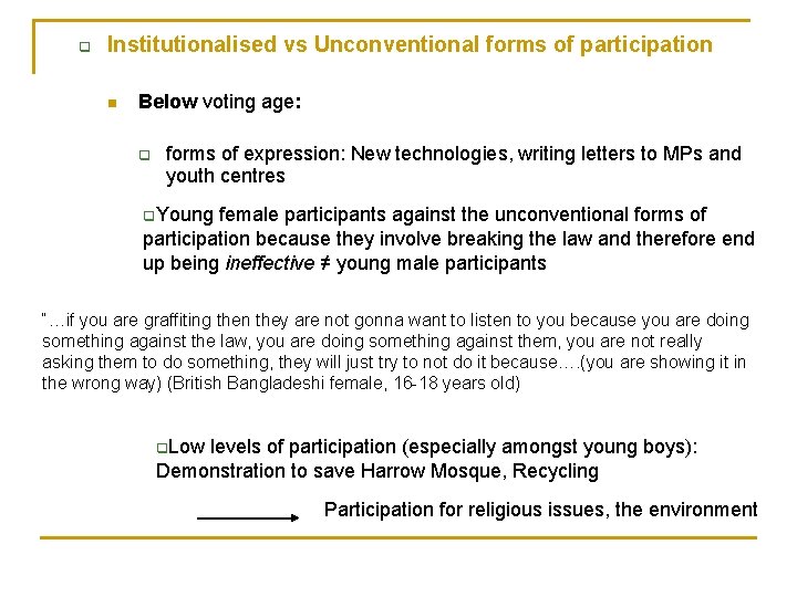 q Institutionalised vs Unconventional forms of participation n Below voting age: q forms of