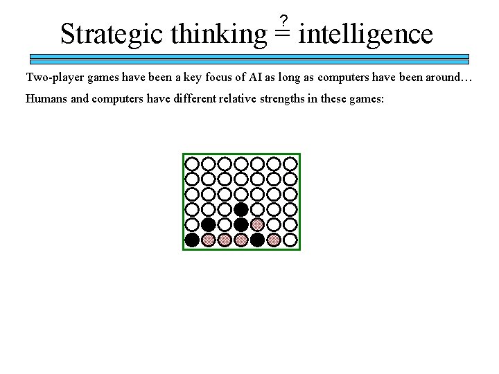 ? Strategic thinking = intelligence Two-player games have been a key focus of AI