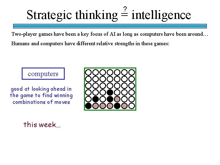 ? Strategic thinking = intelligence Two-player games have been a key focus of AI ? Strategic thinking = intelligence Two-player games have been a key focus of AI