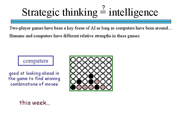 ? Strategic thinking = intelligence Two-player games have been a key focus of AI