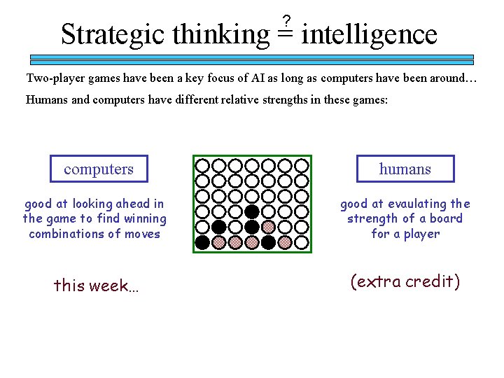 ? Strategic thinking = intelligence Two-player games have been a key focus of AI ? Strategic thinking = intelligence Two-player games have been a key focus of AI