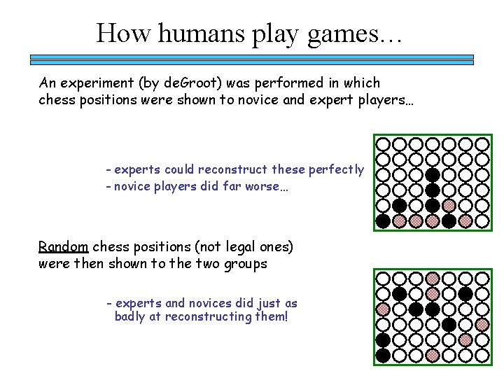 How humans play games… An experiment (by de. Groot) was performed in which chess