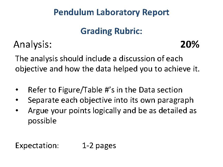 Pendulum Laboratory Report Grading Rubric: Analysis: 20% The analysis should include a discussion of