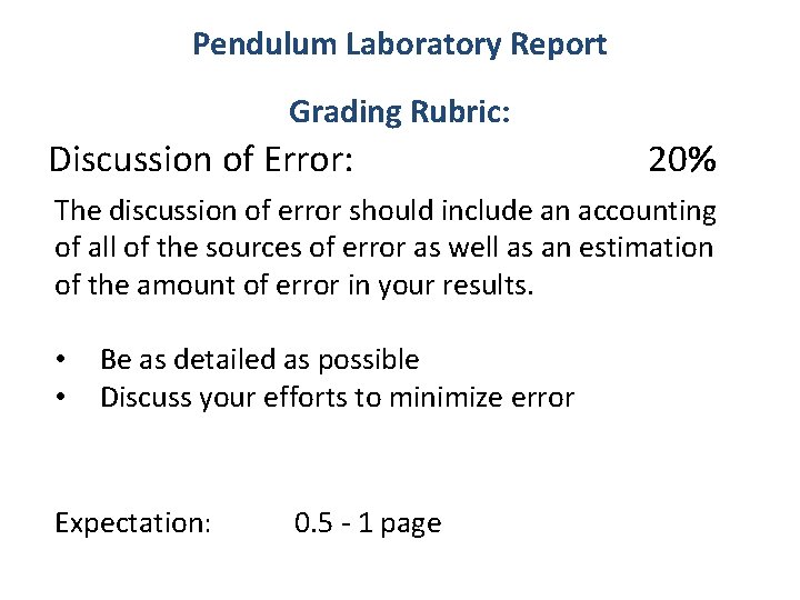 Pendulum Laboratory Report Grading Rubric: Discussion of Error: 20% The discussion of error should