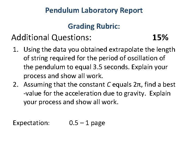 Pendulum Laboratory Report Grading Rubric: Additional Questions: 15% 1. Using the data you obtained