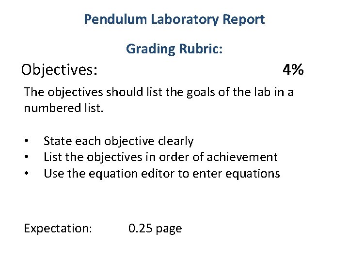 Pendulum Laboratory Report Grading Rubric: Objectives: 4% The objectives should list the goals of