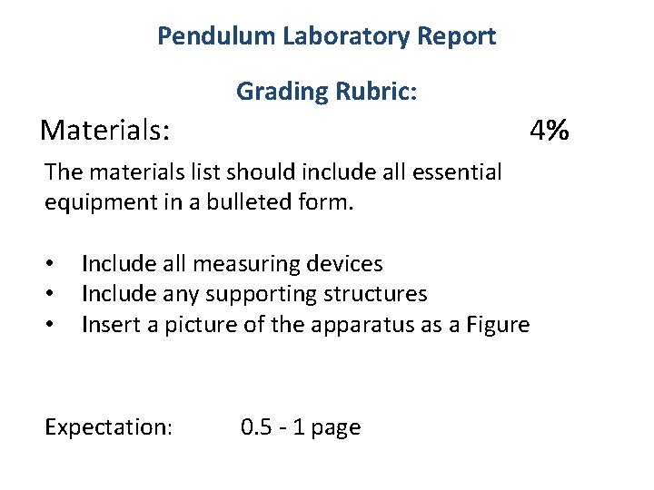 Pendulum Laboratory Report Grading Rubric: Materials: 4% The materials list should include all essential
