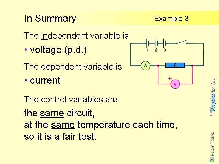 In Summary Example 3 The independent variable is ? • voltage (p. d. )