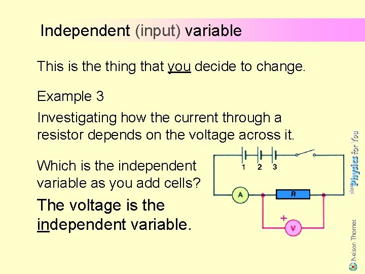 Independent (input) variable This is the thing that you decide to change. Example 3