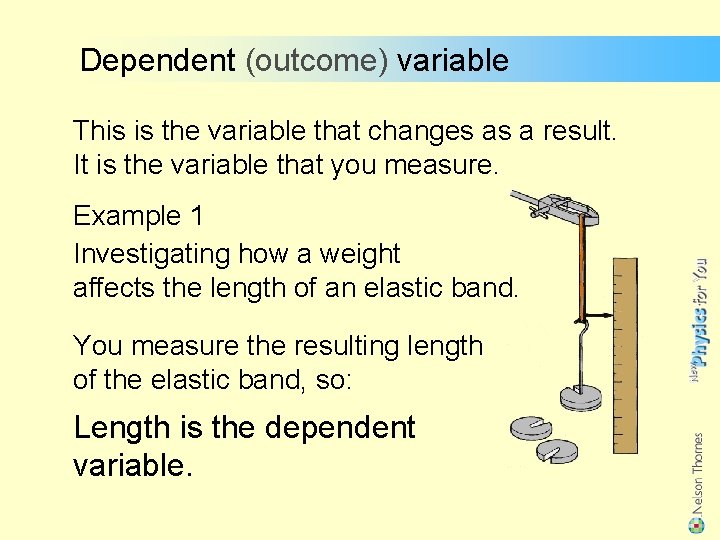 Dependent (outcome) variable This is the variable that changes as a result. It is