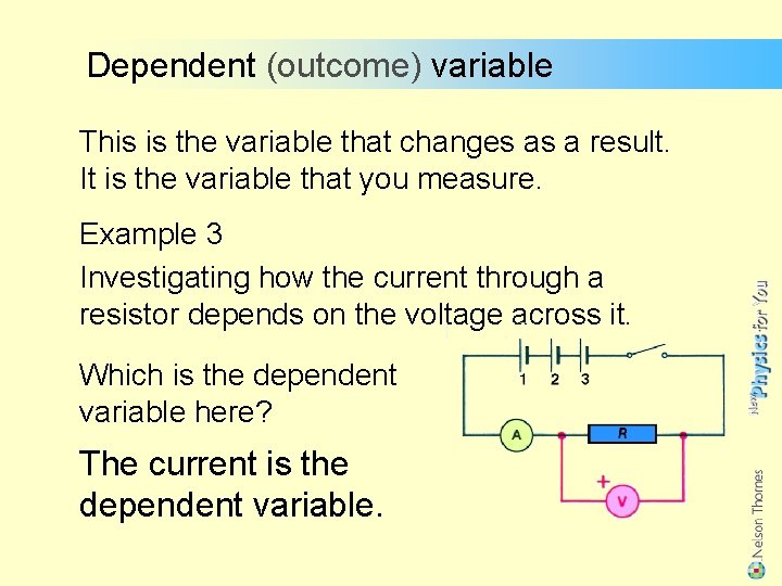 Dependent (outcome) variable This is the variable that changes as a result. It is