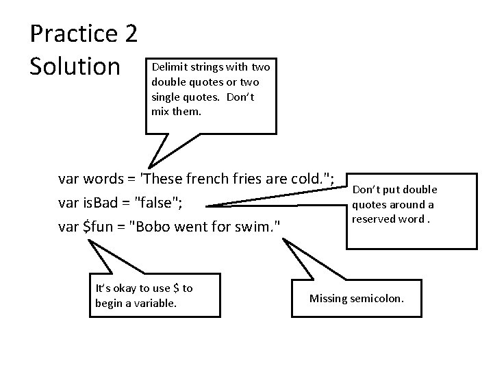 Practice 2 Solution Delimit strings with two double quotes or two single quotes. Don’t