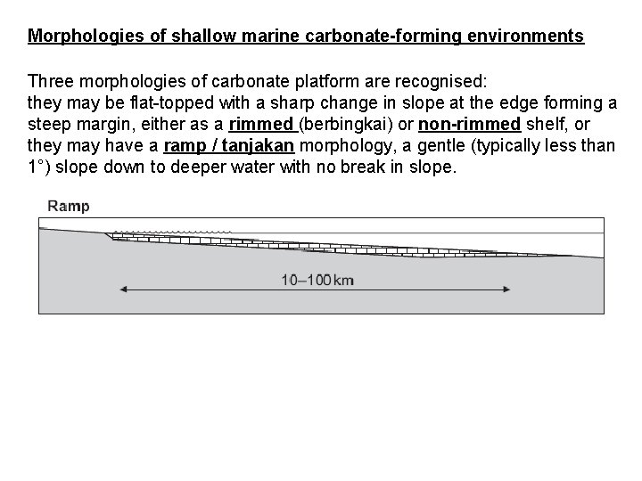 Morphologies of shallow marine carbonate-forming environments Three morphologies of carbonate platform are recognised: they