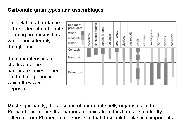 Carbonate grain types and assemblages The relative abundance of the different carbonate -forming organisms