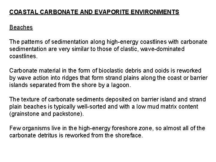 COASTAL CARBONATE AND EVAPORITE ENVIRONMENTS Beaches The patterns of sedimentation along high-energy coastlines with