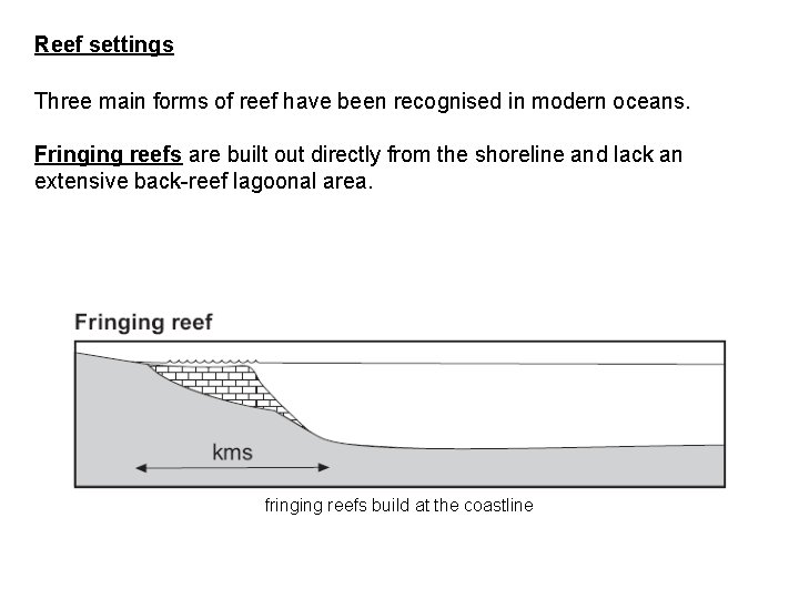 Reef settings Three main forms of reef have been recognised in modern oceans. Fringing