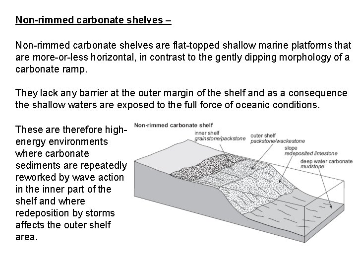 Non-rimmed carbonate shelves – Non-rimmed carbonate shelves are flat-topped shallow marine platforms that are