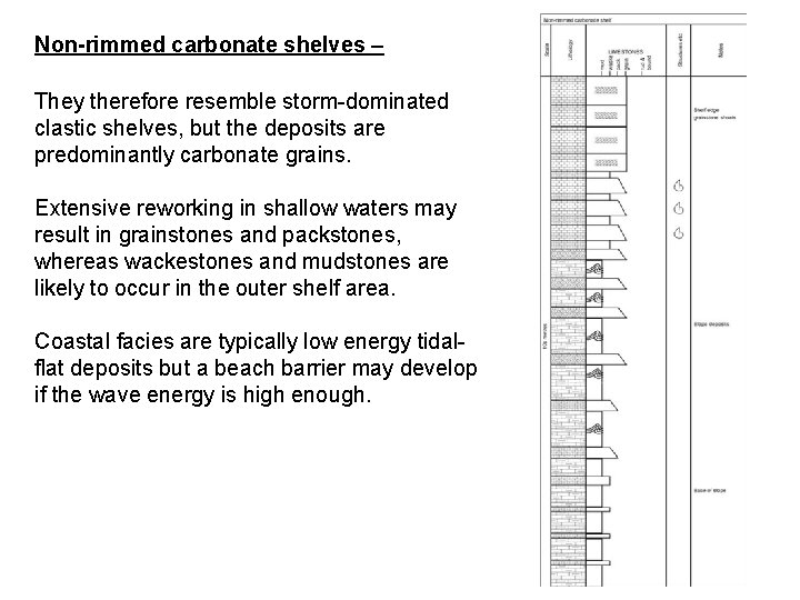 Non-rimmed carbonate shelves – They therefore resemble storm-dominated clastic shelves, but the deposits are