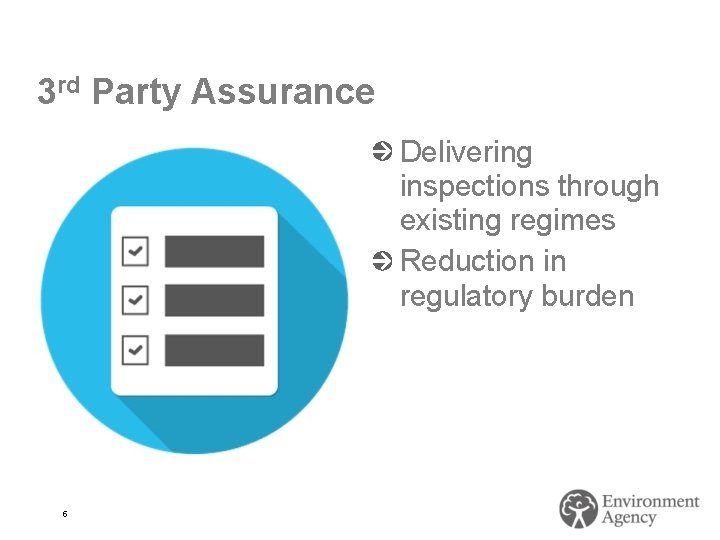 3 rd Party Assurance Delivering inspections through existing regimes Reduction in regulatory burden 5
