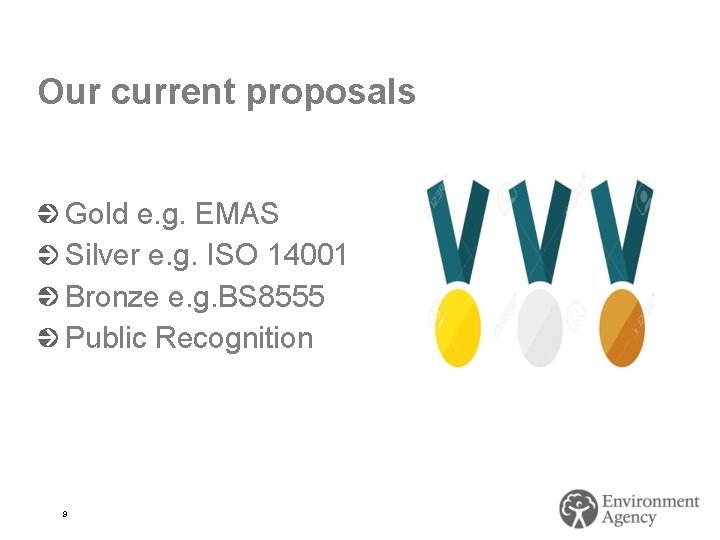 Our current proposals Gold e. g. EMAS Silver e. g. ISO 14001 Bronze e.