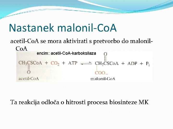 Nastanek malonil-Co. A acetil-Co. A se mora aktivirati s pretvorbo do malonil. Co. A