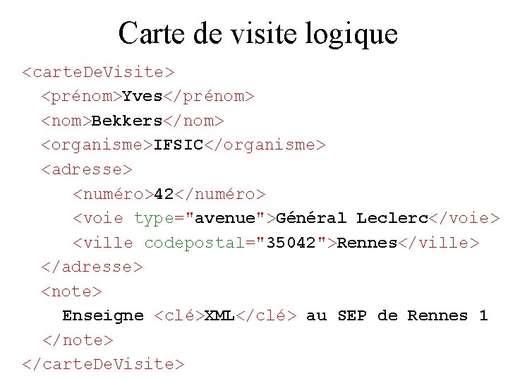 Carte de visite logique <carte. De. Visite> <prénom>Yves</prénom> <nom>Bekkers</nom> <organisme>IFSIC</organisme> <adresse> <numéro>42</numéro> <voie type="avenue">Général