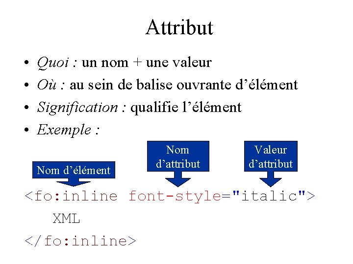 Attribut • • Quoi : un nom + une valeur Où : au sein