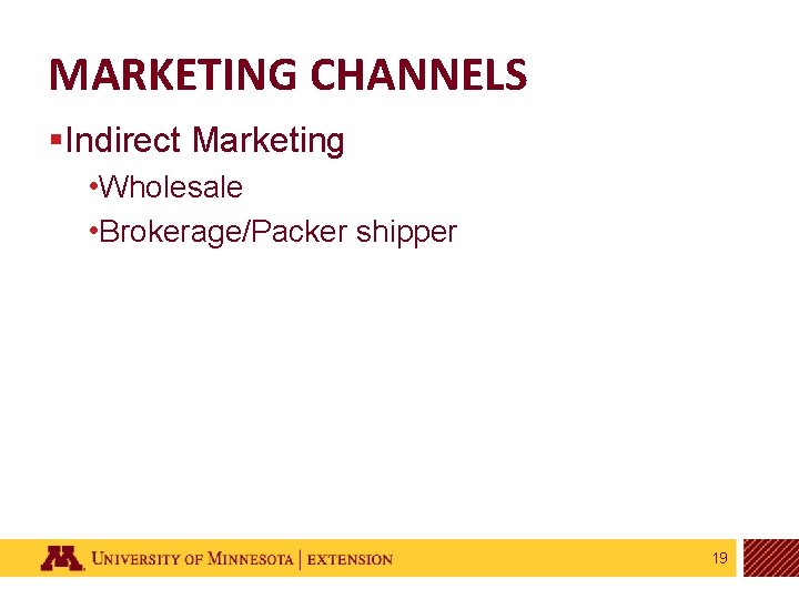 MARKETING CHANNELS §Indirect Marketing • Wholesale • Brokerage/Packer shipper 19 