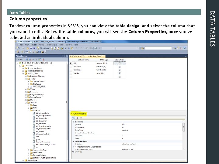 Column properties To view column properties in SSMS, you can view the table design, Column properties To view column properties in SSMS, you can view the table design,