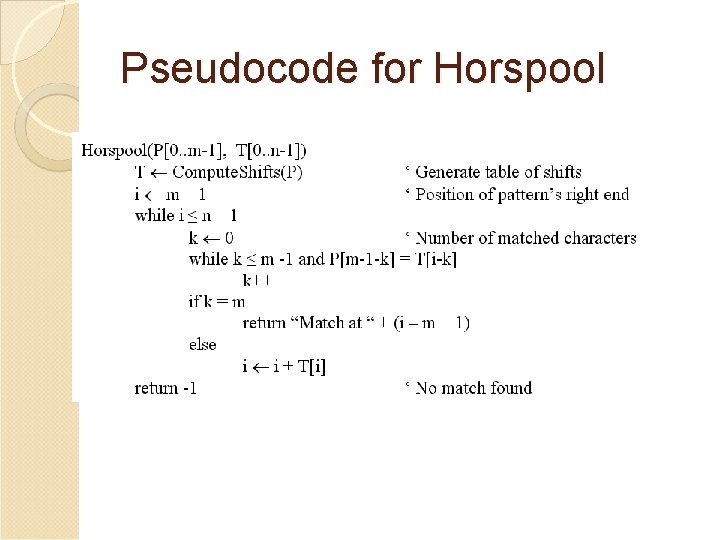 Pseudocode for Horspool 