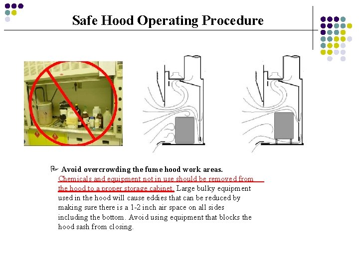 Safe Hood Operating Procedure P Avoid overcrowding the fume hood work areas. Chemicals and