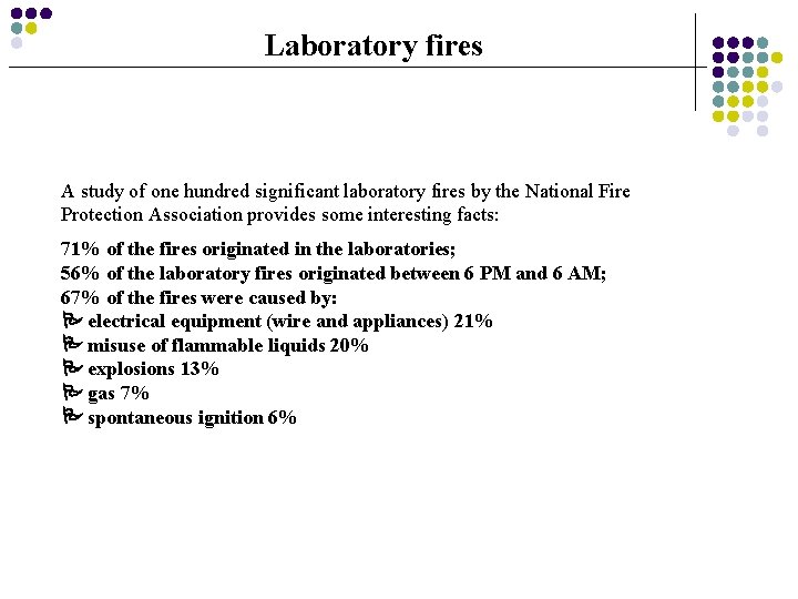 Laboratory fires A study of one hundred significant laboratory fires by the National Fire