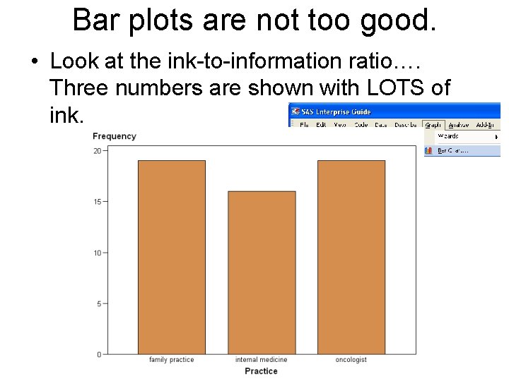 Bar plots are not too good. • Look at the ink-to-information ratio…. Three numbers