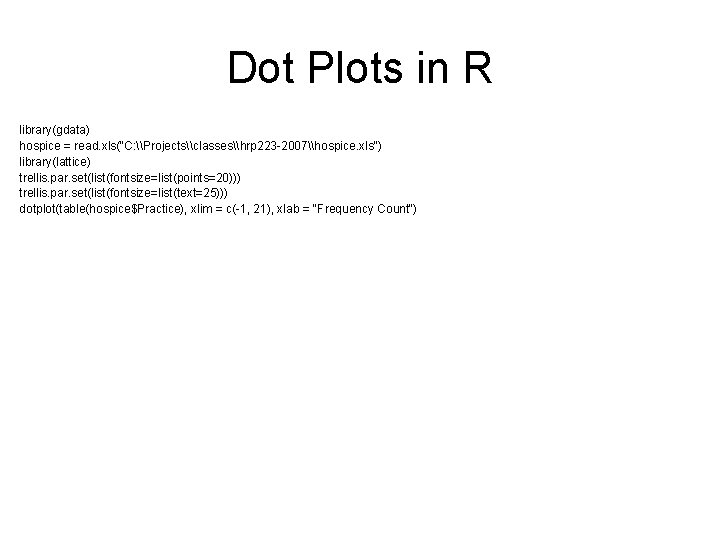 Dot Plots in R library(gdata) hospice = read. xls("C: \Projects\classes\hrp 223 -2007\hospice. xls") library(lattice)