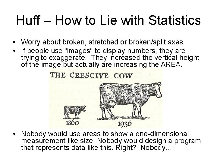 Huff – How to Lie with Statistics • Worry about broken, stretched or broken/split