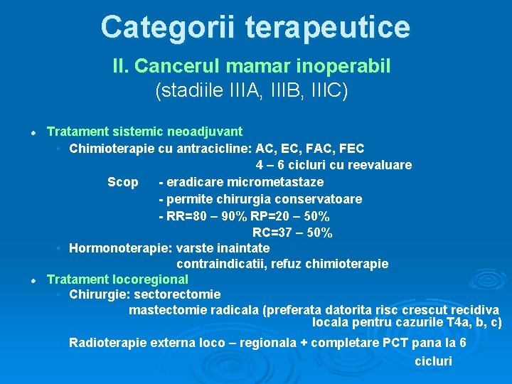 Categorii terapeutice II. Cancerul mamar inoperabil (stadiile IIIA, IIIB, IIIC) l l Tratament sistemic