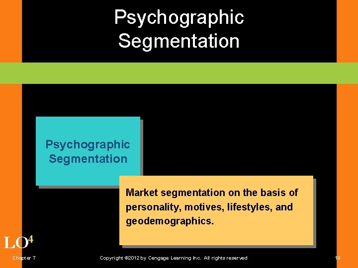 Psychographic Segmentation Market segmentation on the basis of personality, motives, lifestyles, and geodemographics. LO